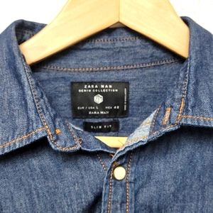 Zara Slim Fit Denim Button Up Long Sleeve Shirt; Size Large